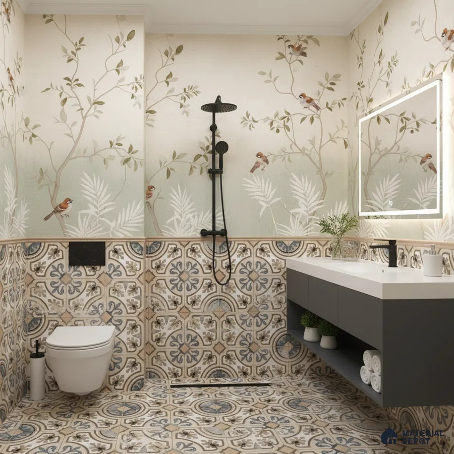 Eclectic bathroom with chinoiserie wallpaper, patterned moroccan tiles, and floating vanity in Bengaluru | Material Depot