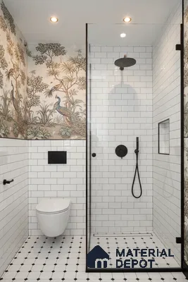 Eclectic bathroom with chinoiserie wallpaper, white subway wall tiles, and black-and-white geometric floor tiles | Material Depot