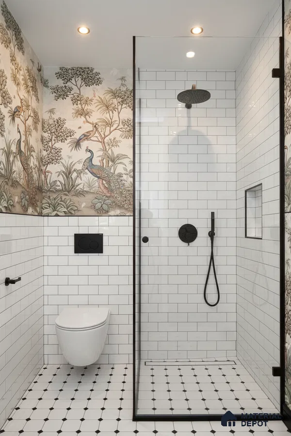 Eclectic bathroom with chinoiserie wallpaper, white subway wall tiles, and black-and-white geometric floor tiles | Material Depot