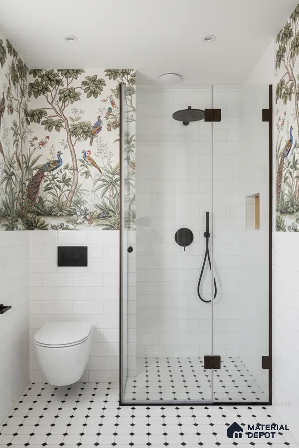 Eclectic bathroom with chinoiserie wallpaper, white subway wall tiles, and black-and-white geometric floor tiles | Material Depot