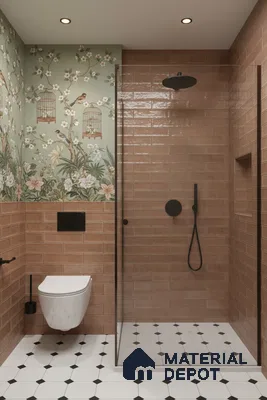 Eclectic bathroom with floral chinoiserie wallpaper, terracotta subway wall tiles, and black-and-white geometric floor tiles | Material Depot