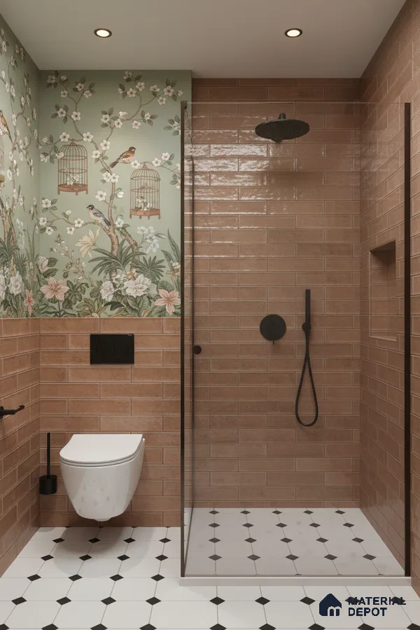 Eclectic bathroom with floral chinoiserie wallpaper, terracotta subway wall tiles, and black-and-white geometric floor tiles | Material Depot