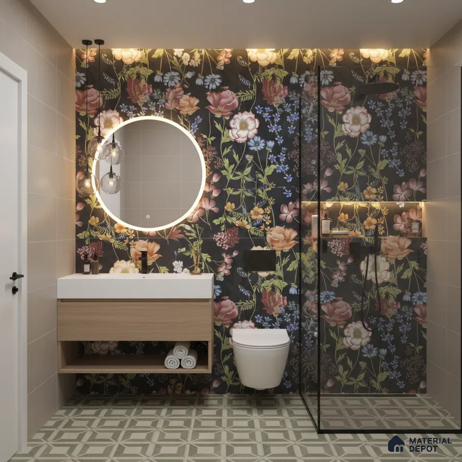 Eclectic bathroom design with floral highlighter wall tiles, geometric green floor tiles, and floating wood vanity in Bengaluru | Material Depot