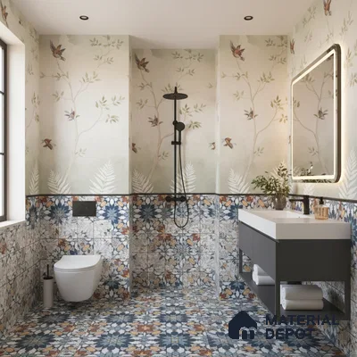 Eclectic bathroom with floral patterned tiles and nature-inspired wallpaper in Bengaluru | Material Depot