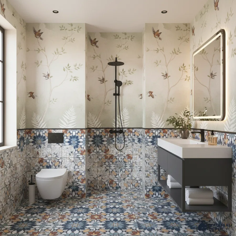 Eclectic bathroom with floral patterned tiles and nature-inspired wallpaper in Bengaluru | Material Depot