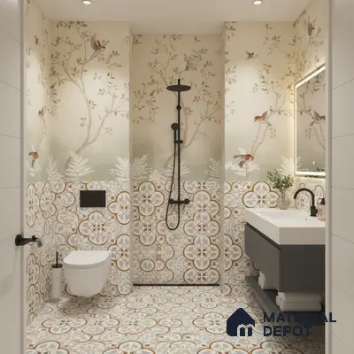 Eclectic bathroom with floral patterned tiles and nature-inspired wallpaper in Bengaluru | Material Depot