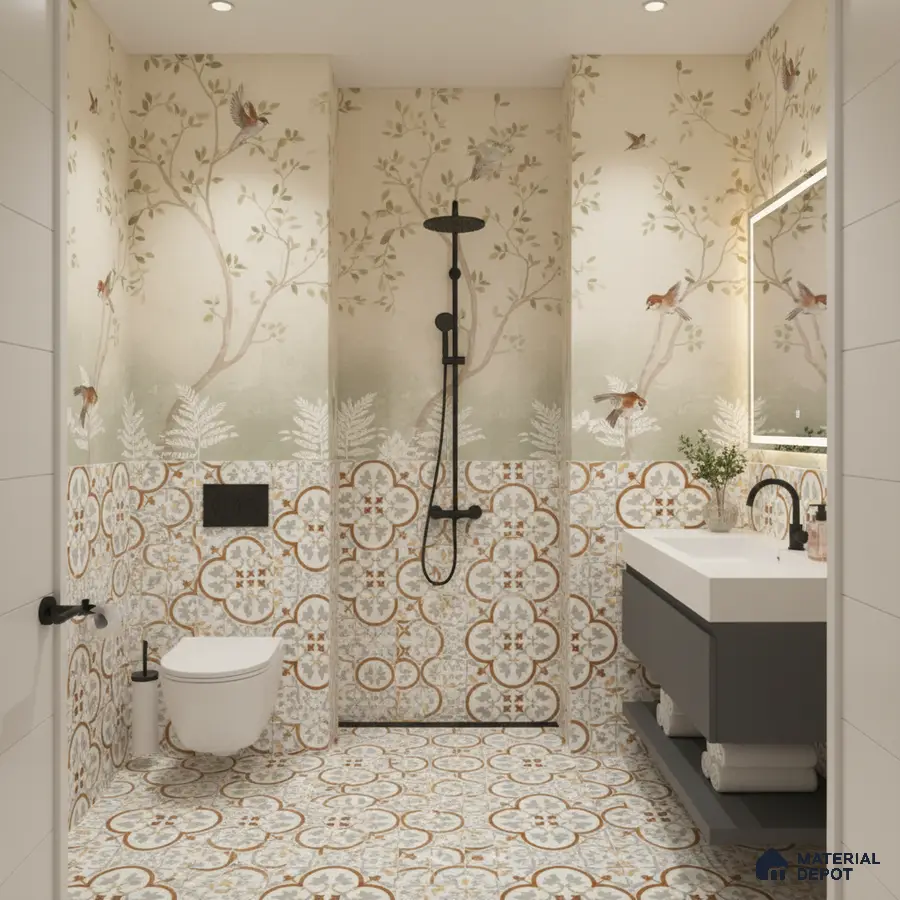 Eclectic bathroom with floral patterned tiles and nature-inspired wallpaper in Bengaluru | Material Depot