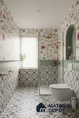 Eclectic bathroom with floral patterned wall tiles and black-and-white geometric floor tiles in Bengaluru | Material Depot