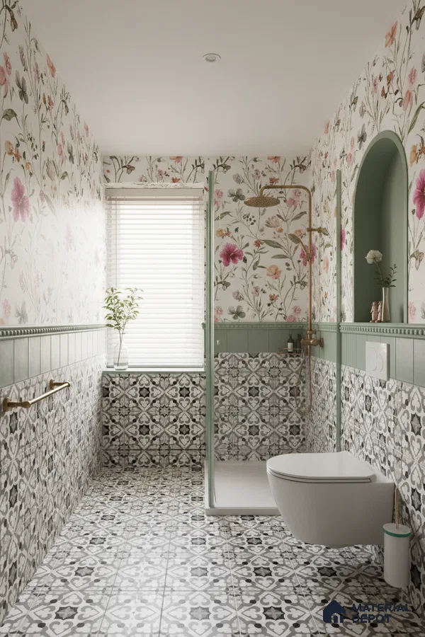 Eclectic bathroom with floral patterned wall tiles and black-and-white geometric floor tiles in Bengaluru | Material Depot