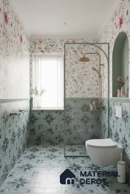 Eclectic bathroom with floral patterned wall tiles and blue-green geometric floor tiles in Bengaluru | Material Depot