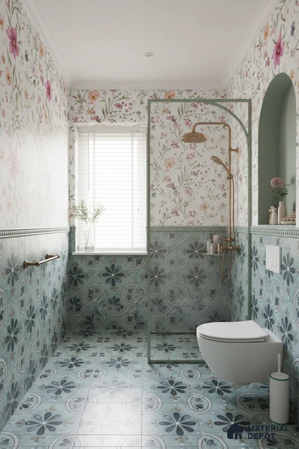 Eclectic bathroom with floral patterned wall tiles and blue-green geometric floor tiles in Bengaluru | Material Depot