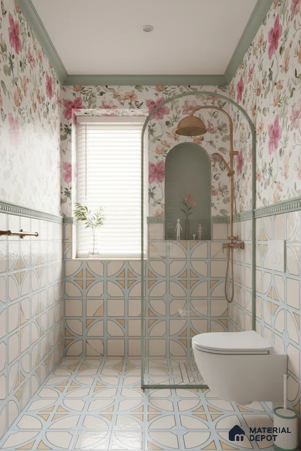 Eclectic bathroom with floral patterned wall tiles and geometric pastel floor and wall tiles in Bengaluru | Material Depot