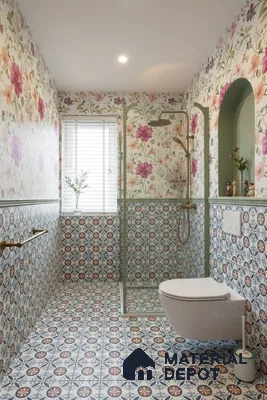 Eclectic bathroom with floral wallpaper and blue geometric patterned tiles in Bengaluru | Material Depot