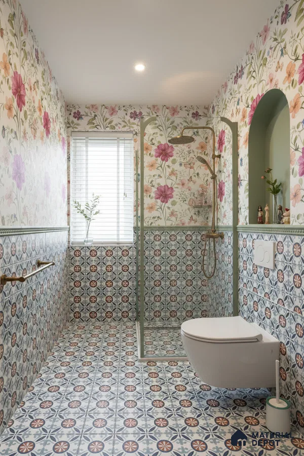 Eclectic bathroom with floral wallpaper and blue geometric patterned tiles in Bengaluru | Material Depot