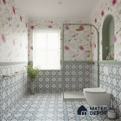 Eclectic bathroom with floral wallpaper and blue moroccan patterned tiles in Bengaluru | Material Depot