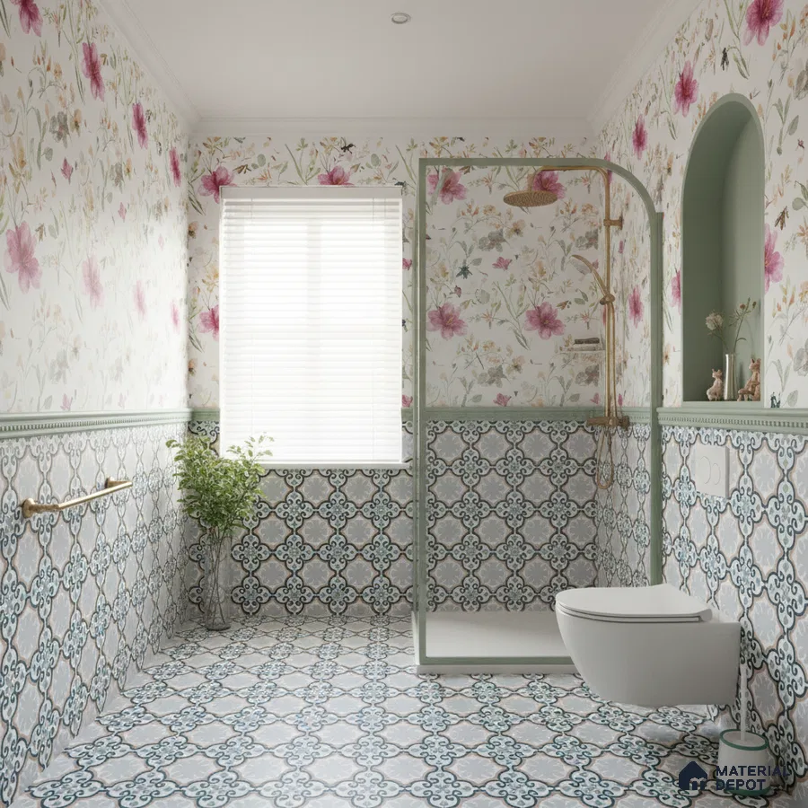 Eclectic bathroom with floral wallpaper and blue moroccan patterned tiles in Bengaluru | Material Depot