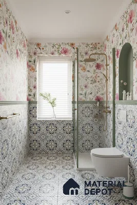 Eclectic bathroom with floral wallpaper and blue patterned moroccan tiles in Bengaluru | Material Depot