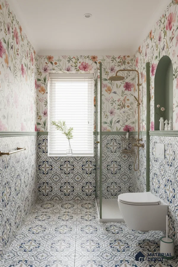 Eclectic bathroom with floral wallpaper and blue patterned moroccan tiles in Bengaluru | Material Depot