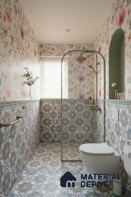 Eclectic bathroom with floral wallpaper and blue-brown patterned moroccan tiles in Bengaluru | Material Depot