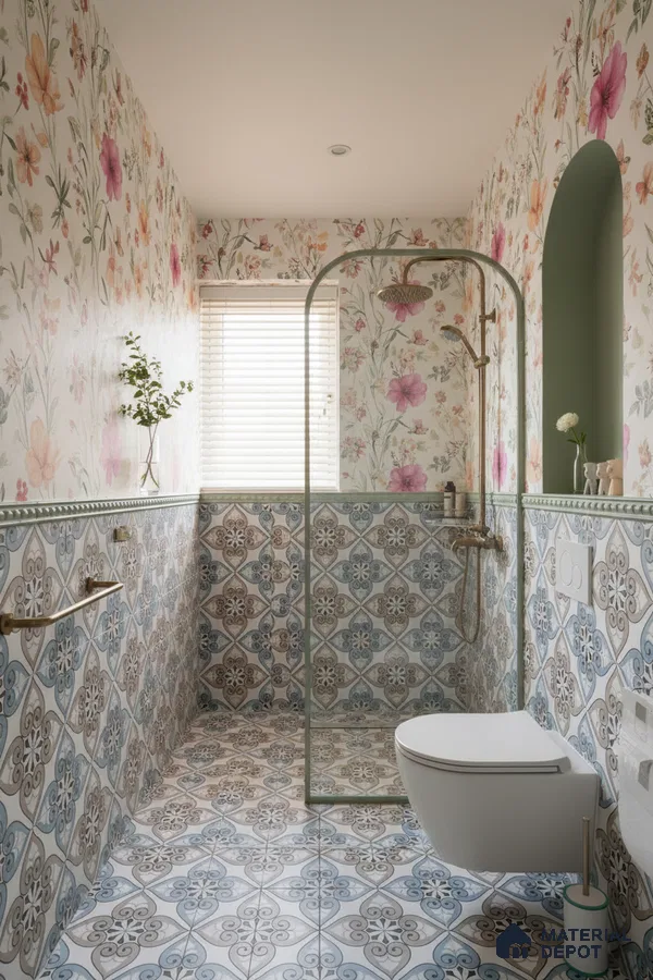 Eclectic bathroom with floral wallpaper and blue-brown patterned moroccan tiles in Bengaluru | Material Depot