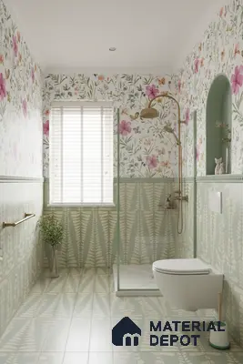 Eclectic bathroom with floral wallpaper and fern patterned green wall and floor tiles in Bengaluru | Material Depot