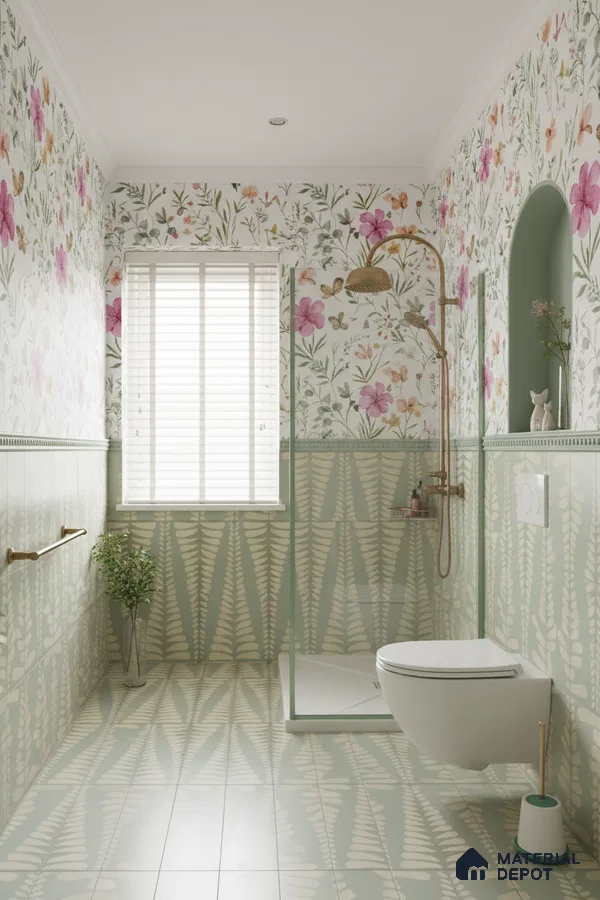 Eclectic bathroom with floral wallpaper and fern patterned green wall and floor tiles in Bengaluru | Material Depot