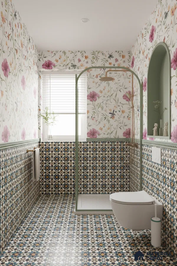 Eclectic bathroom with floral wallpaper and geometric moroccan patterned tiles in Bengaluru | Material Depot