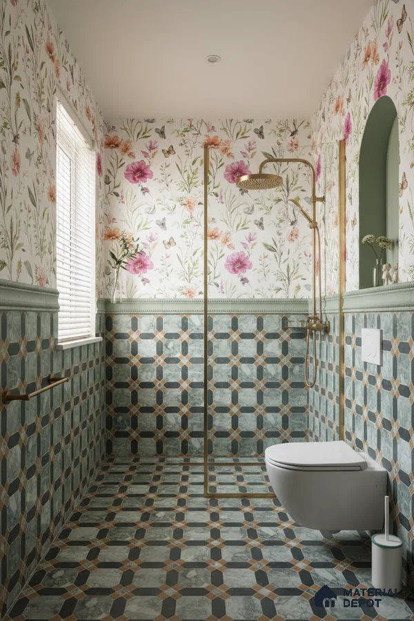 Eclectic bathroom with floral wallpaper and geometric patterned green and black wall and floor tiles in Bengaluru | Material Depot