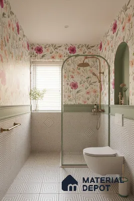 Eclectic bathroom with floral wallpaper and geometric patterned wall and floor tiles in Bengaluru | Material Depot