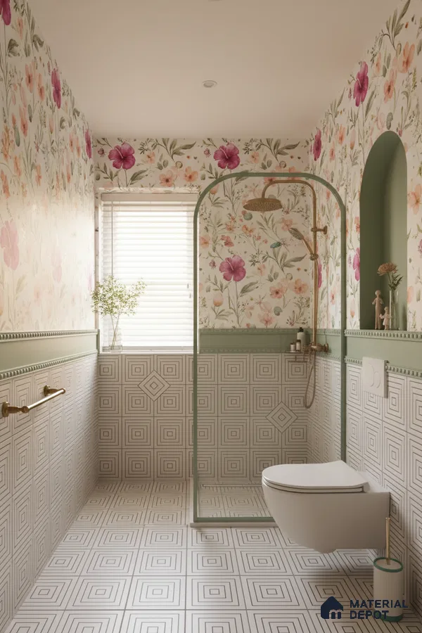 Eclectic bathroom with floral wallpaper and geometric patterned wall and floor tiles in Bengaluru | Material Depot