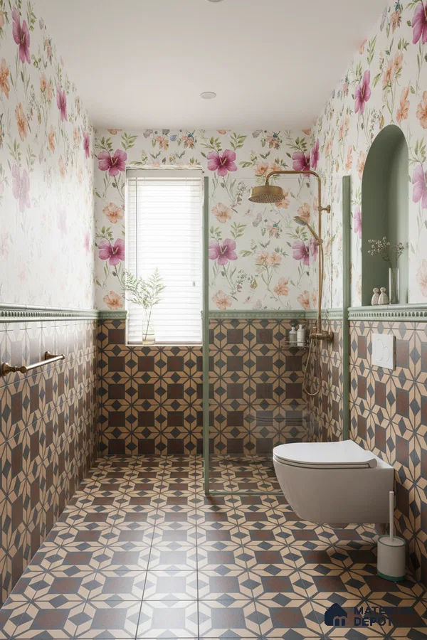 Eclectic bathroom with floral wallpaper and geometric patterned wall and floor tiles in Bengaluru | Material Depot
