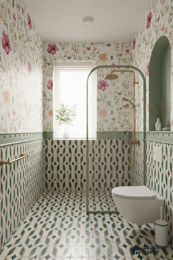 Eclectic bathroom with floral wallpaper and green geometric patterned tiles in Bengaluru | Material Depot