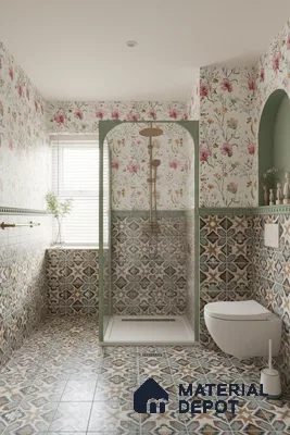 Eclectic bathroom with floral wallpaper and multicolor moroccan patterned tiles in Bengaluru | Material Depot