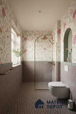 Eclectic bathroom with floral wallpaper and pink geometric patterned wall and floor tiles in Bengaluru | Material Depot
