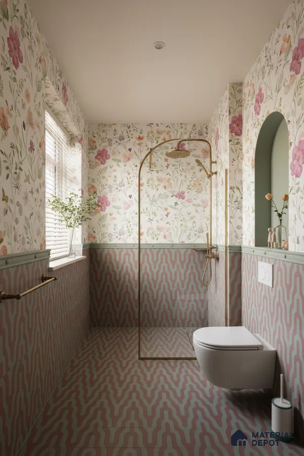 Eclectic bathroom with floral wallpaper and pink geometric patterned wall and floor tiles in Bengaluru | Material Depot