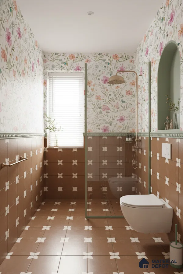 Eclectic bathroom with floral wallpaper and terracotta patterned tiles in Bengaluru | Material Depot