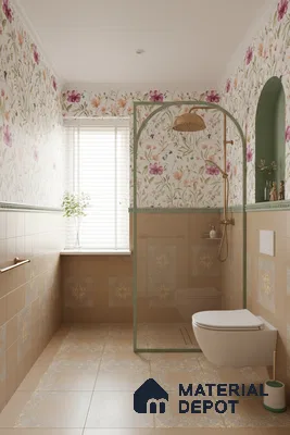 Eclectic bathroom with floral wallpaper, beige patterned wall tiles, and vintage motif floor tiles in Bengaluru | Material Depot
