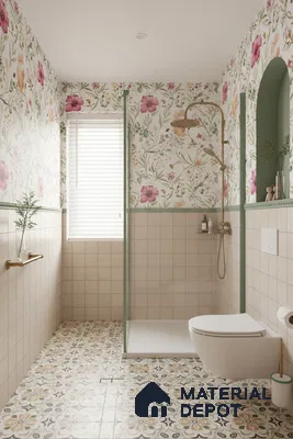 Eclectic bathroom with floral wallpaper, beige wall tiles, and patterned floor tiles in Bengaluru | Material Depot