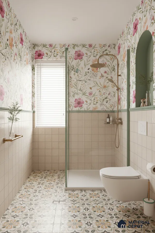 Eclectic bathroom with floral wallpaper, beige wall tiles, and patterned floor tiles in Bengaluru | Material Depot