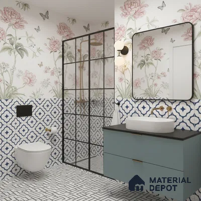 Eclectic bathroom with floral wallpaper, blue geometric wall tiles, and patterned mosaic floor tiles in Bengaluru | Material Depot
