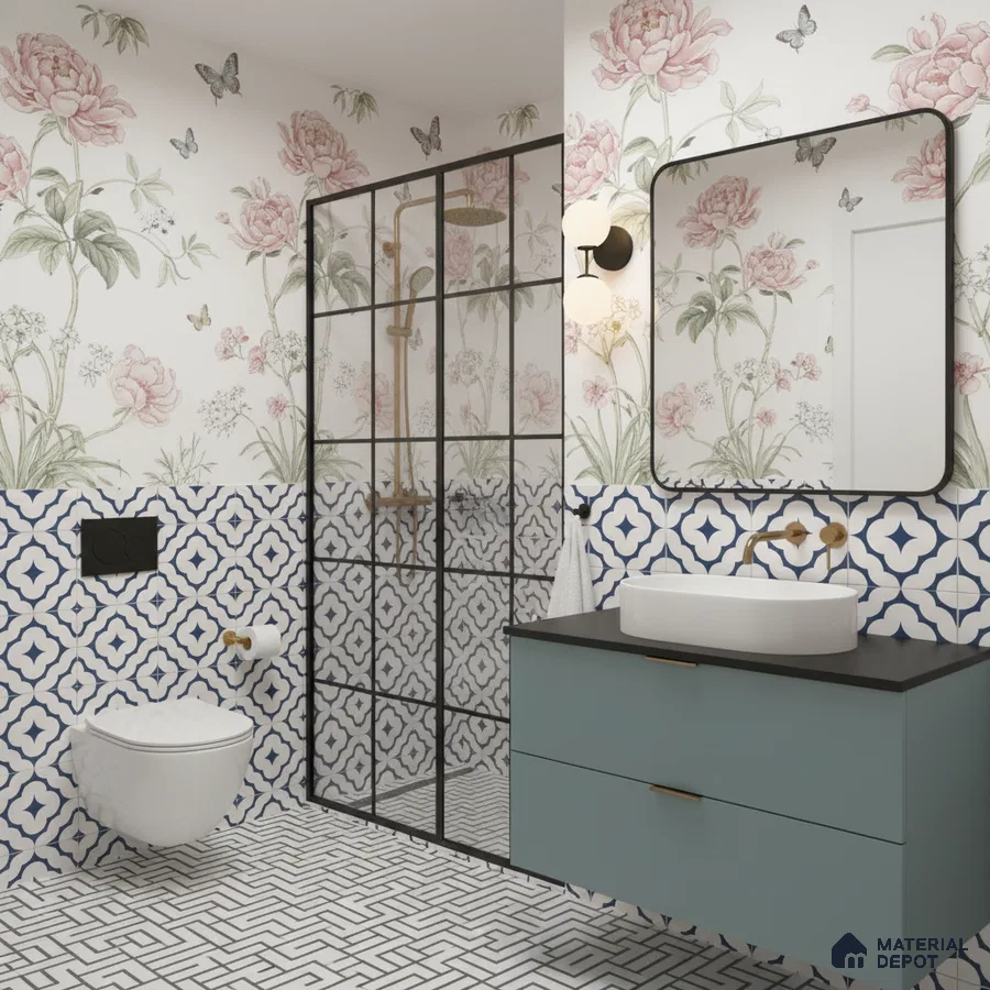 Eclectic bathroom with floral wallpaper, blue geometric wall tiles, and patterned mosaic floor tiles in Bengaluru | Material Depot