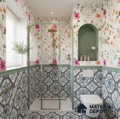 Eclectic bathroom with floral wallpaper, blue-green patterned tiles, and sage green accents in Bengaluru | Material Depot