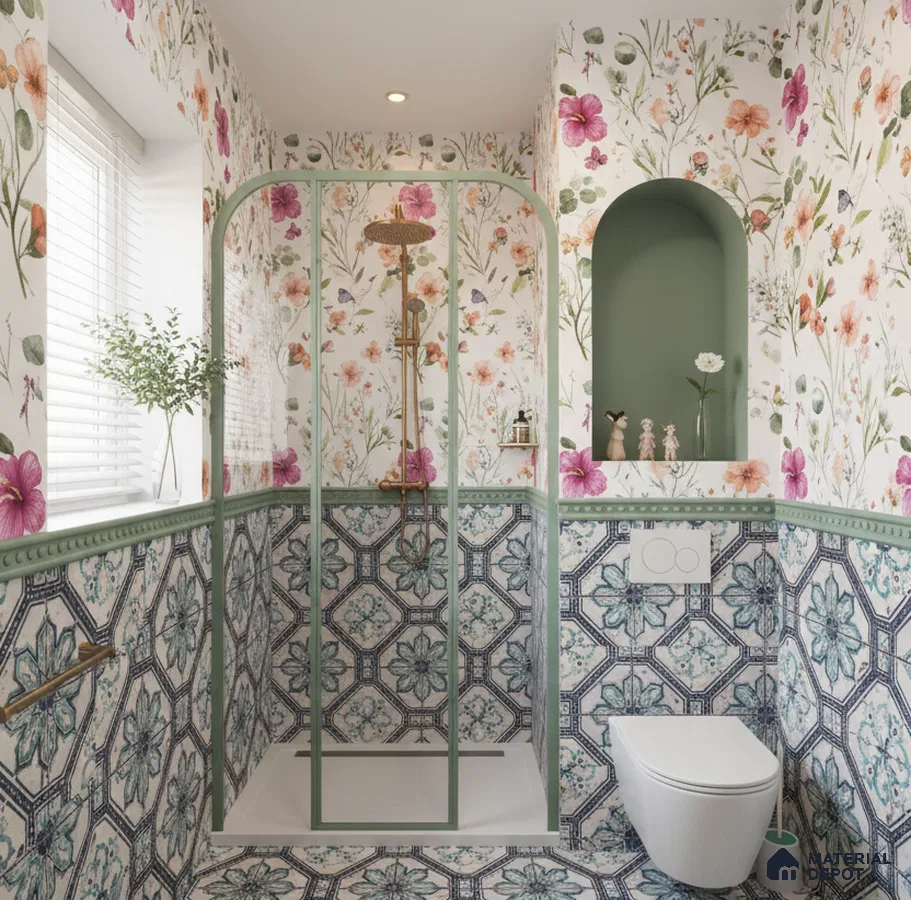 Eclectic bathroom with floral wallpaper, blue-green patterned tiles, and sage green accents in Bengaluru | Material Depot