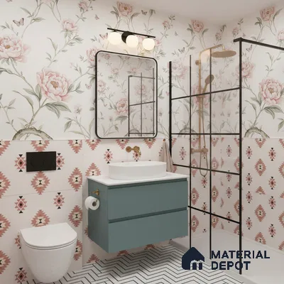 Eclectic bathroom with floral wallpaper, geometric patterned wall tiles, and chevron floor tiles in Bengaluru | Material Depot