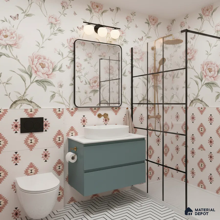 Eclectic bathroom with floral wallpaper, geometric patterned wall tiles, and chevron floor tiles in Bengaluru | Material Depot