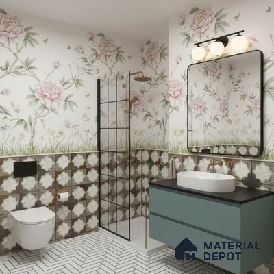 Eclectic bathroom with floral wallpaper, geometric patterned wall tiles, and herringbone floor tiles in Bengaluru | Material Depot