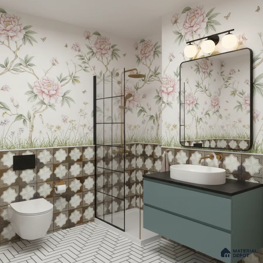 Eclectic bathroom with floral wallpaper, geometric patterned wall tiles, and herringbone floor tiles in Bengaluru | Material Depot