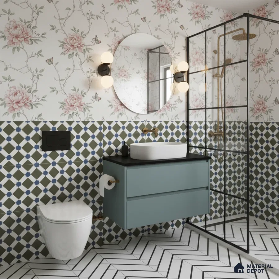 Eclectic bathroom with floral wallpaper, geometric patterned wall tiles, and herringbone floor tiles in Bengaluru | Material Depot