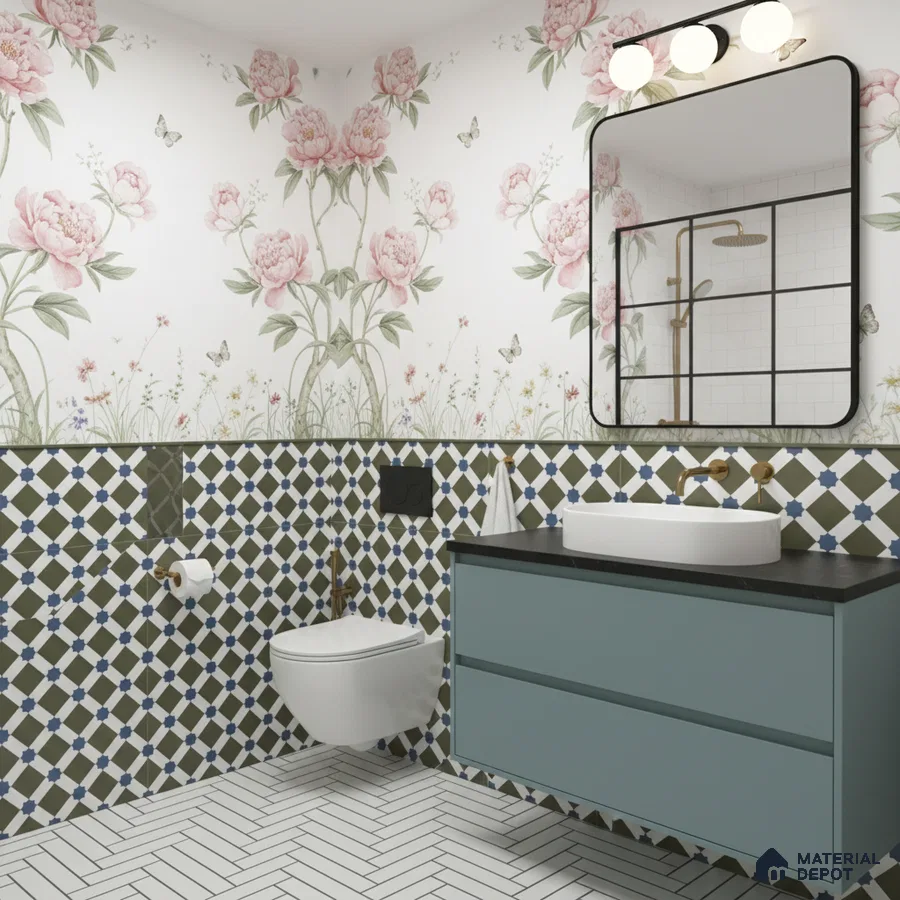 Eclectic bathroom with floral wallpaper, geometric patterned wall tiles, and herringbone white floor tiles in Bengaluru | Material Depot