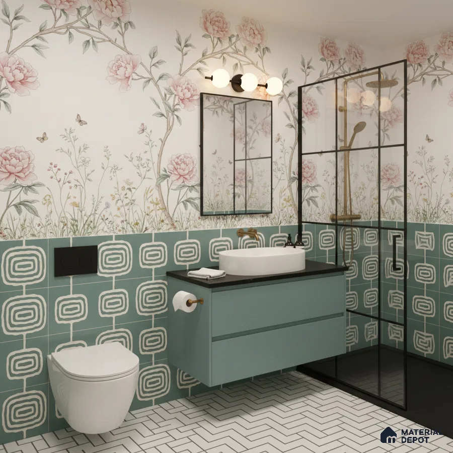 Eclectic bathroom with floral wallpaper, geometric teal wall tiles, and herringbone floor tiles in Bengaluru | Material Depot
